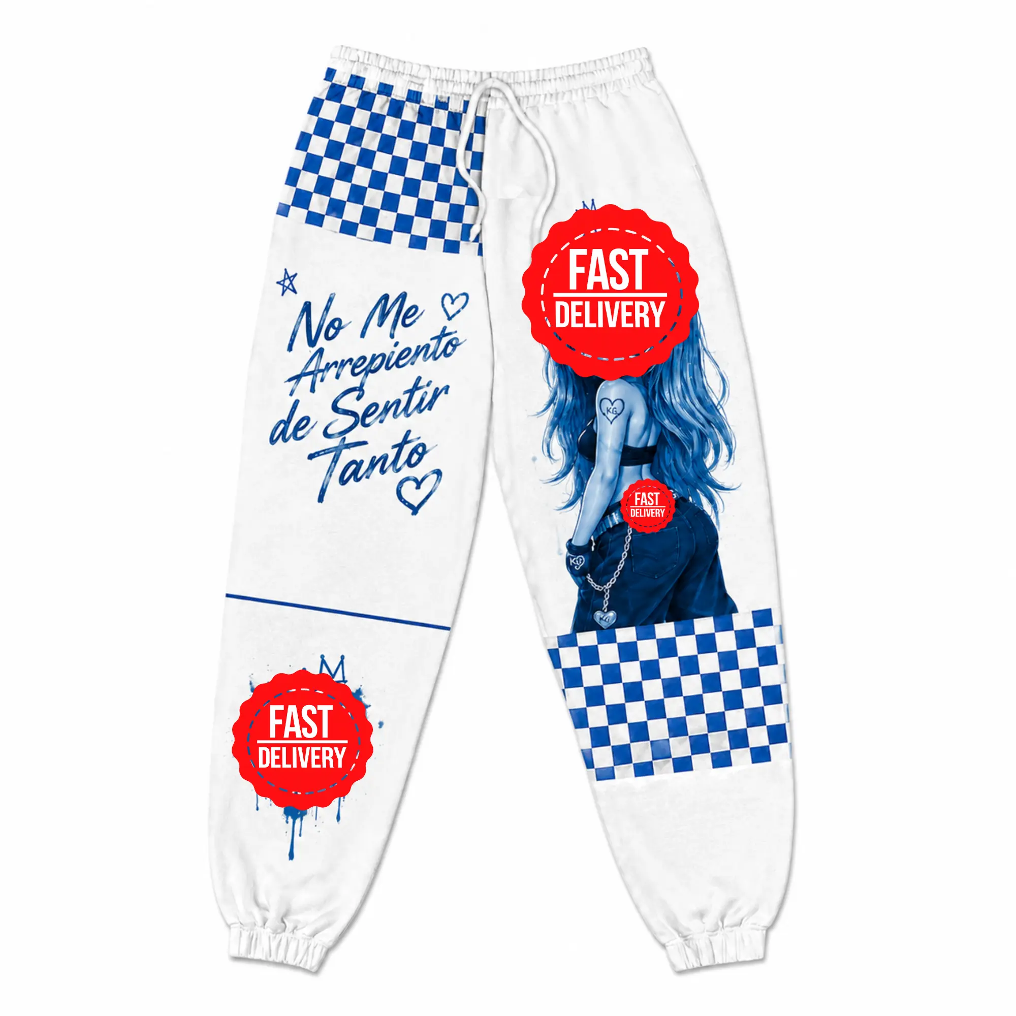 Inspired Sweatpants, Pink & Blue Checkerboard Graphic Jogger Pants, Latin Music Aesthetic Sweatpants, Trendy Unisex Streetwear, Gift for Fans