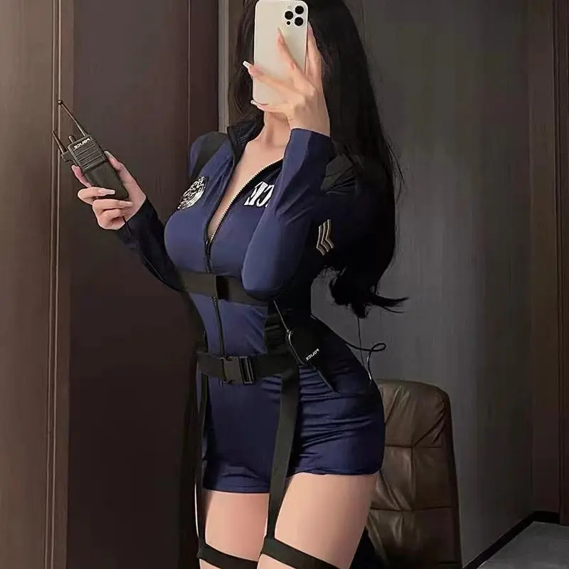 3pc Sexy Lingerie Nightclub Female Motorcycle Police Cosplay Role-Playing Uniform Clothes Costumes Basic Minimalist Blue One-Piece Suit Strap Stockings