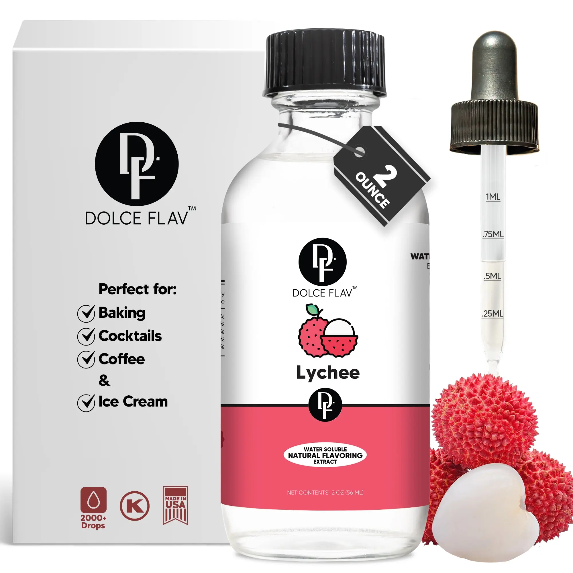 Dolce Flav Lychee Flavoring Extract - 2 Ounce Water-Soluble Taffy Flavor for Beverages Desserts & Syrups - Dye-Free Natural Flavoring with Precision Dropper