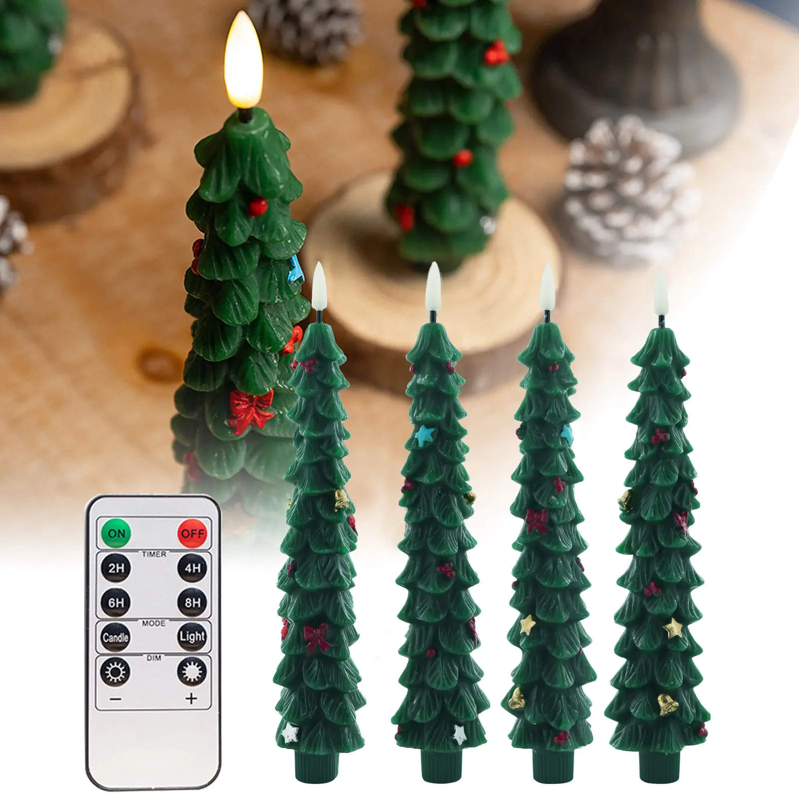 4PCS Christmas Tree Taper Candles with Remote Control & Timer, Flameless Battery Operated LED Flickering Candles, Dimmable Realistic Flame for Holiday Table Centerpiece Home Decor