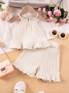 Girls' Summer Vest Set, Plain Striped Sleeveless Pleated Ruffle Design, Thin Woven Fabric Casual Fitted Regular Length Top & Shorts Clothing