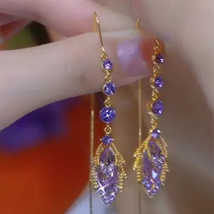 Shiny Long Purple Three-Diamond Tassel Leaf Drop Earrings for Women, DDES0130 Stylish Internet Celebrity Versatile Earrings, 14K Gold-Plated