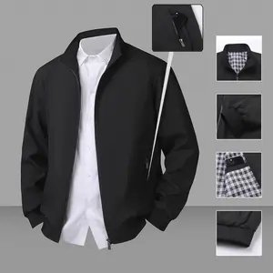 TJL Men's Lightweight and Practical Jacket, with zipped pockets and checked lining, stand-up collar design, casual coat, classic coat, beige color, 100% polyester fiber, streetwear, fashionable men's winter outfit, zipped men's jacket