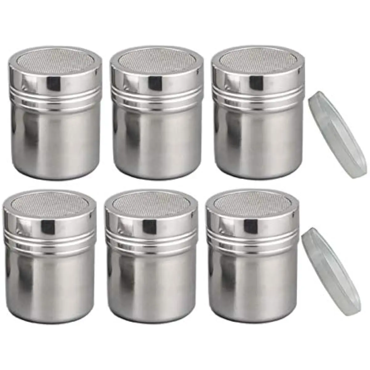 6PCS Stainless Steel Powder Sugar Shakers - Ideal for Cocoa, Cinnamon & Coffee Dusting, with Even Dispersion Mesh Screen, Perfect for Home & Restaurant Use