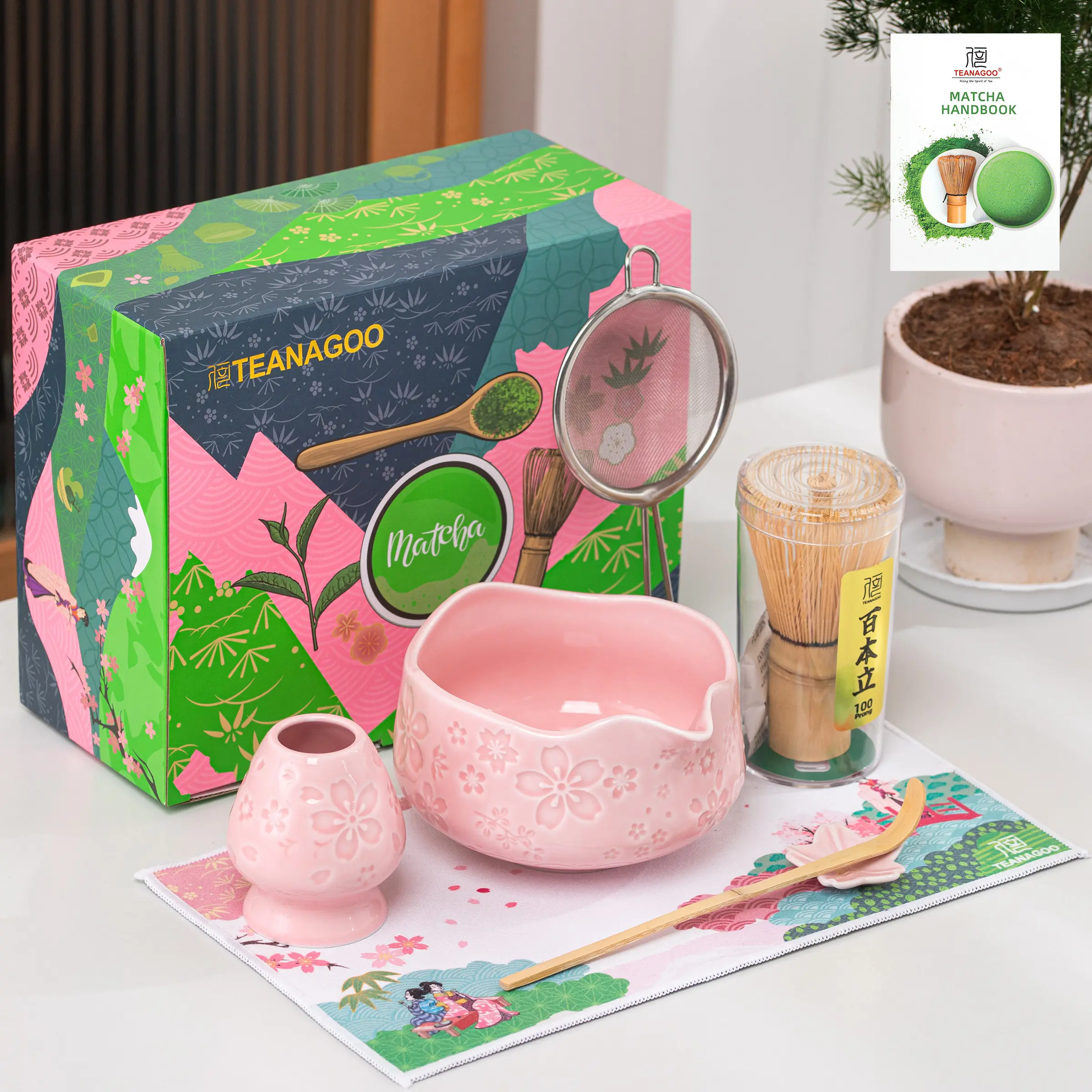 TEANAGOO 7-PCS Pink Matcha Whisk Set with Cherry Blossom Design, Complete Ceremony Kit, Ceramic Chawan Bowl with Spout, Whisk & Accessories, Traditional Matcha Tea Set for Lattes& Gift Giving