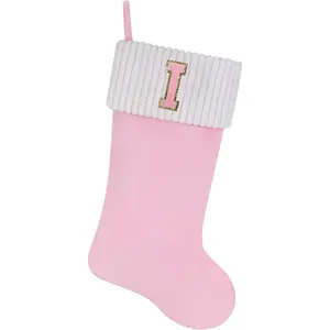 20 Inches Personalized Letter Embroidered Pink Velvet Christmas Stocking for Family Holiday Decorations and Xmas Gift