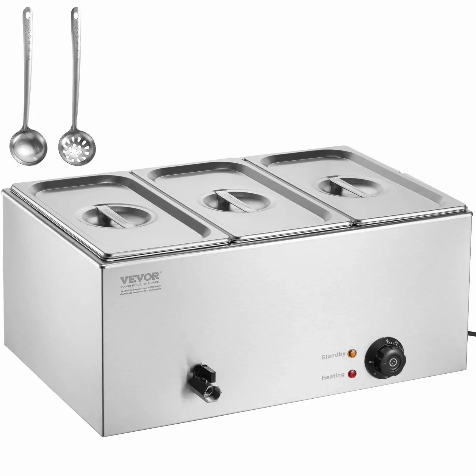 【Summerfinds】VEVOR 3-Pan Commercial Food Warmer,  , 17.4QT Electric Steam Table, 1200W Professional Countertop Stainless Steel Buffet Bain Marie with 86-185°F Temp Control for Catering and Restaurants, Silver