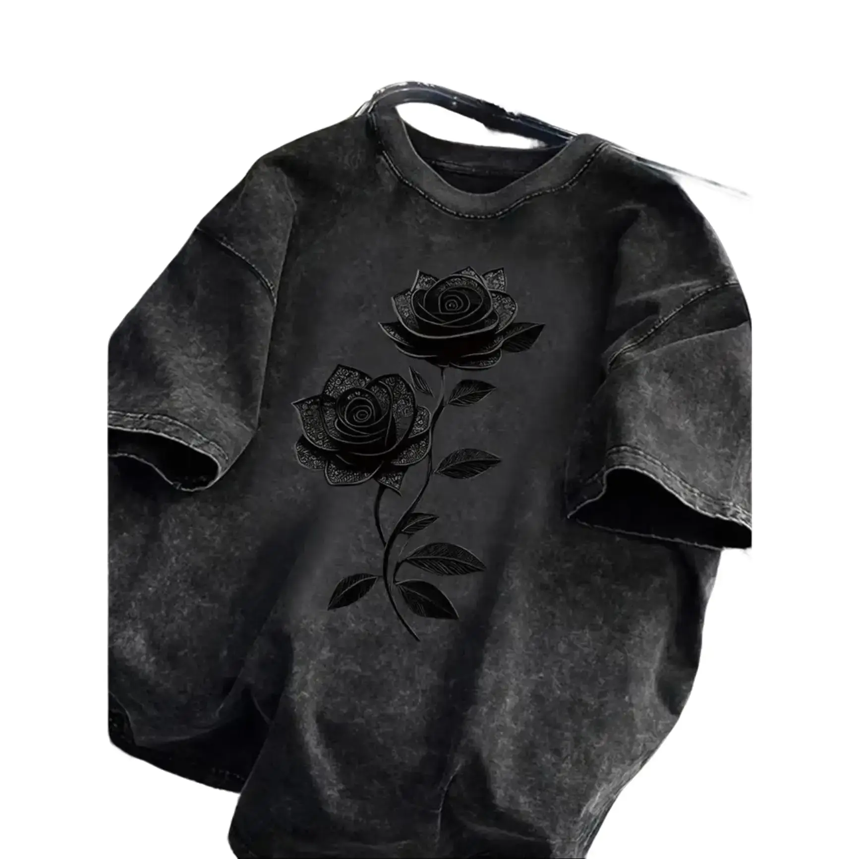 Black Rose Graphic Loose-fitting Washed T Shirt Unisex Vintage Streetwear Tee Soft Cotton Casual Loose Fit For Daily Outfit Skater Y2K Goth Style