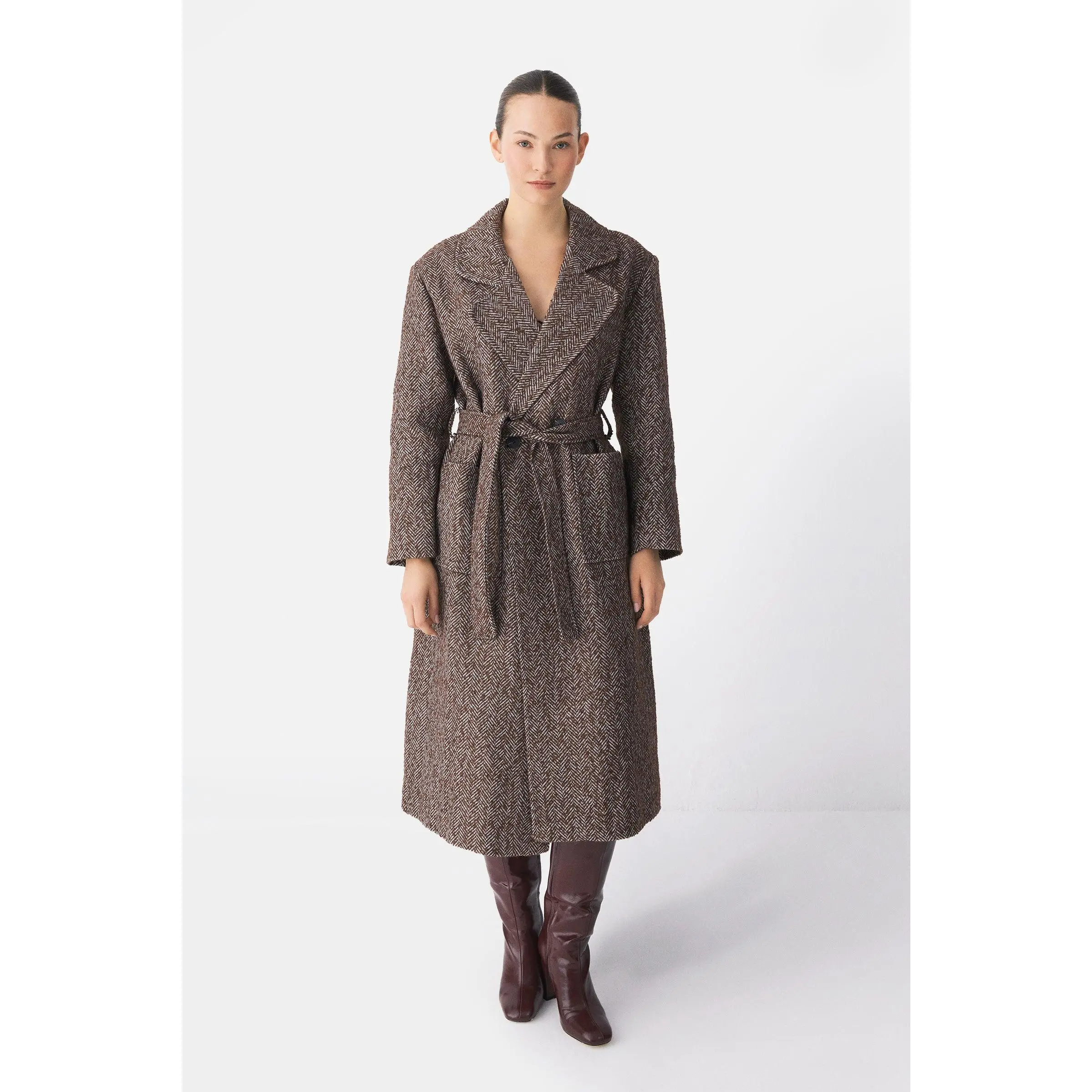 Brown Herringbone Wool Belted Coat
