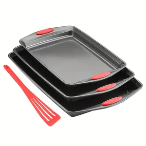4-Piece Non-Stick Bakeware Oven Baking Pan Set - Premium Stainless Steel, Commercial-Grade Quality, Red Silicone Handle, Easy to Clean