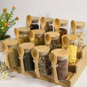 Glass Spice Jar Canister with Spoon, 4/8/10/12pcs Spice Storage Container with Lid, Kitchen Storage Jar for Spice, Sugar, Coffee, Candy, Kitchen Accessories Utensils, Kitchen Gadgets