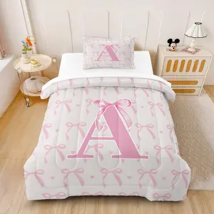 Pink Bow Personalized Initial Comforter Set,Including 1 Quilt and 1 or 2 Pillowcases Without Pillows,Suitable as Fashionable Bedding Set for Family or Friends,Soft and Warm Bedroom Decoration