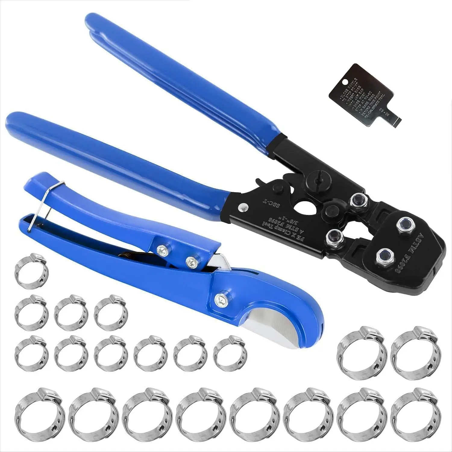PEX Pipe Clamp Cinch Tool Crimping Tool Crimper for Stainless Clamps from 3/8-inch to 1-inch with 1/2-inch 10PCS and 3/4-inch 10PCS SS PEX Clamps,with Pipe
