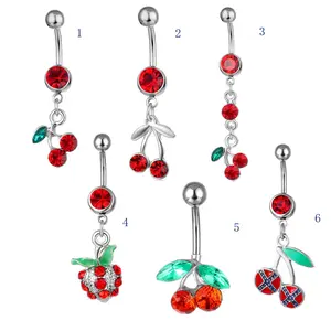 Cherry Pendant Floating Belly Button Ring Large Snug Piercing Jewelry Fruit Lively Cute Dangling Navel Ring