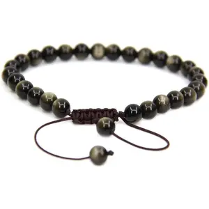 Natural AA Grade Golden Obsidian Gemstone 6mm Round Beads Adjustable Bracelet 7" Unisex