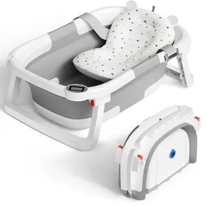 Collapsible Baby Bathtub with Real-time Temp Monitor + Floating Cushion, Foldable Baby Bath Tub Set - Perfect Portable Travel Baby Tub Cute Care