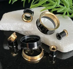 PAIR of Striking Black and Gold Internally Threaded Tunnels/Plugs - Gauges 8g (3mm) thru 1" (25mm)