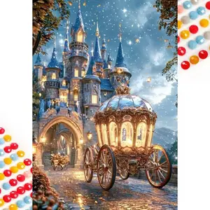 5D DIY Full Drill Round Diamond Painting - Diamond Painting Kit Castle Carriage Mosaic Canvas DIY Wall Art, Home Wall Decoration, Diamond Art Tools