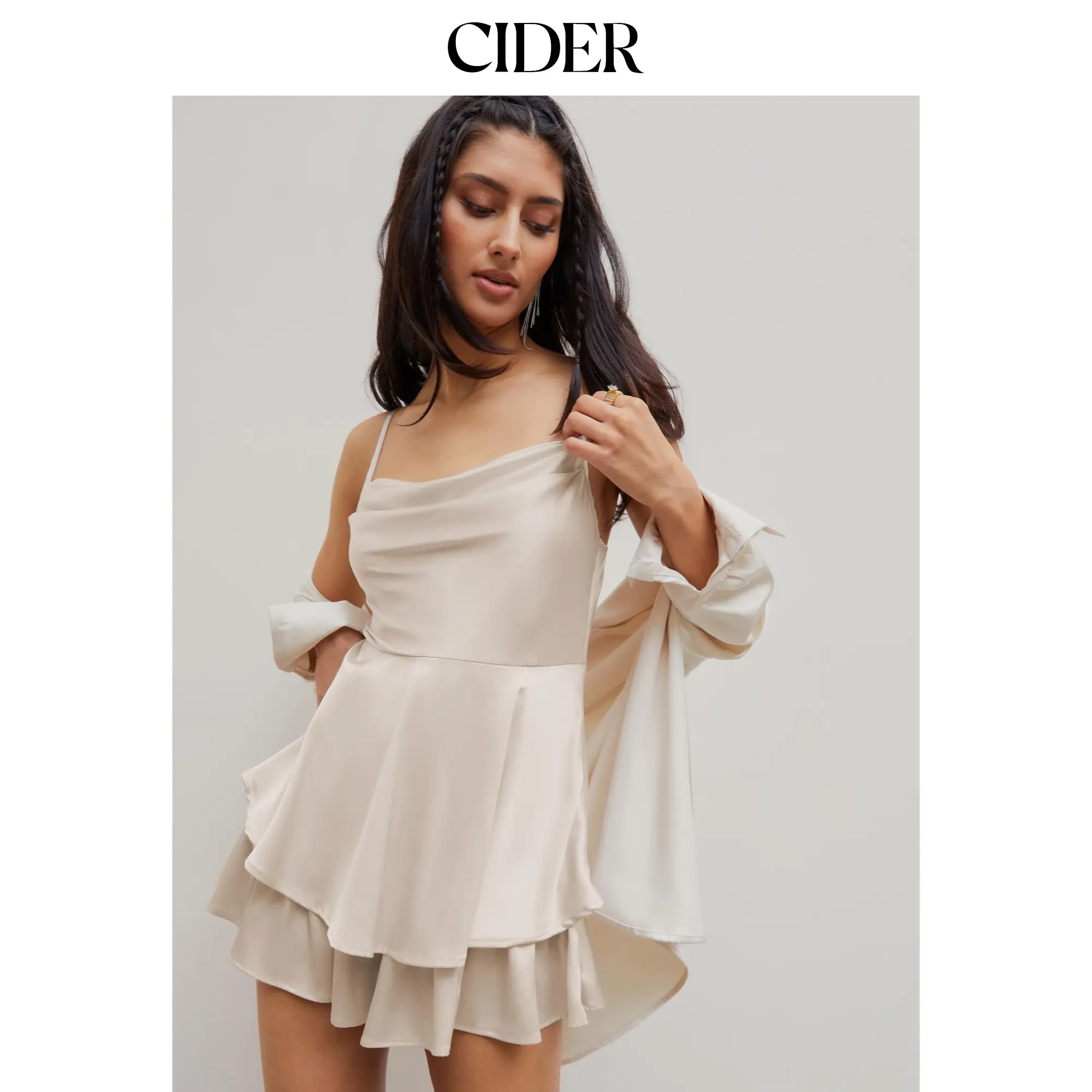 Cider Women's Satin Romper, Solid Cowl Neck Sleeveless Tiered Layer Overalls Shorts for Party Wear, Romper Dress Overalls Shorts