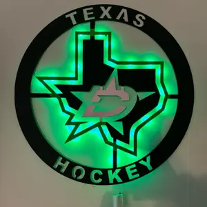 Texas Hockey 22" Stars Metal Sign with Green Glow Design and "TEXAS" Text Above "HOCKEY"