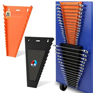 2-Piece Magnetic Wrench Organizer, 32-Slot Wrench Storage Rack for Toolboxes, Drawer & Garage, SAE (1/4" - 1-1/16") & Metric (6mm - 24mm) Wrench Holder, Black & Orange, 11LBS Capacity