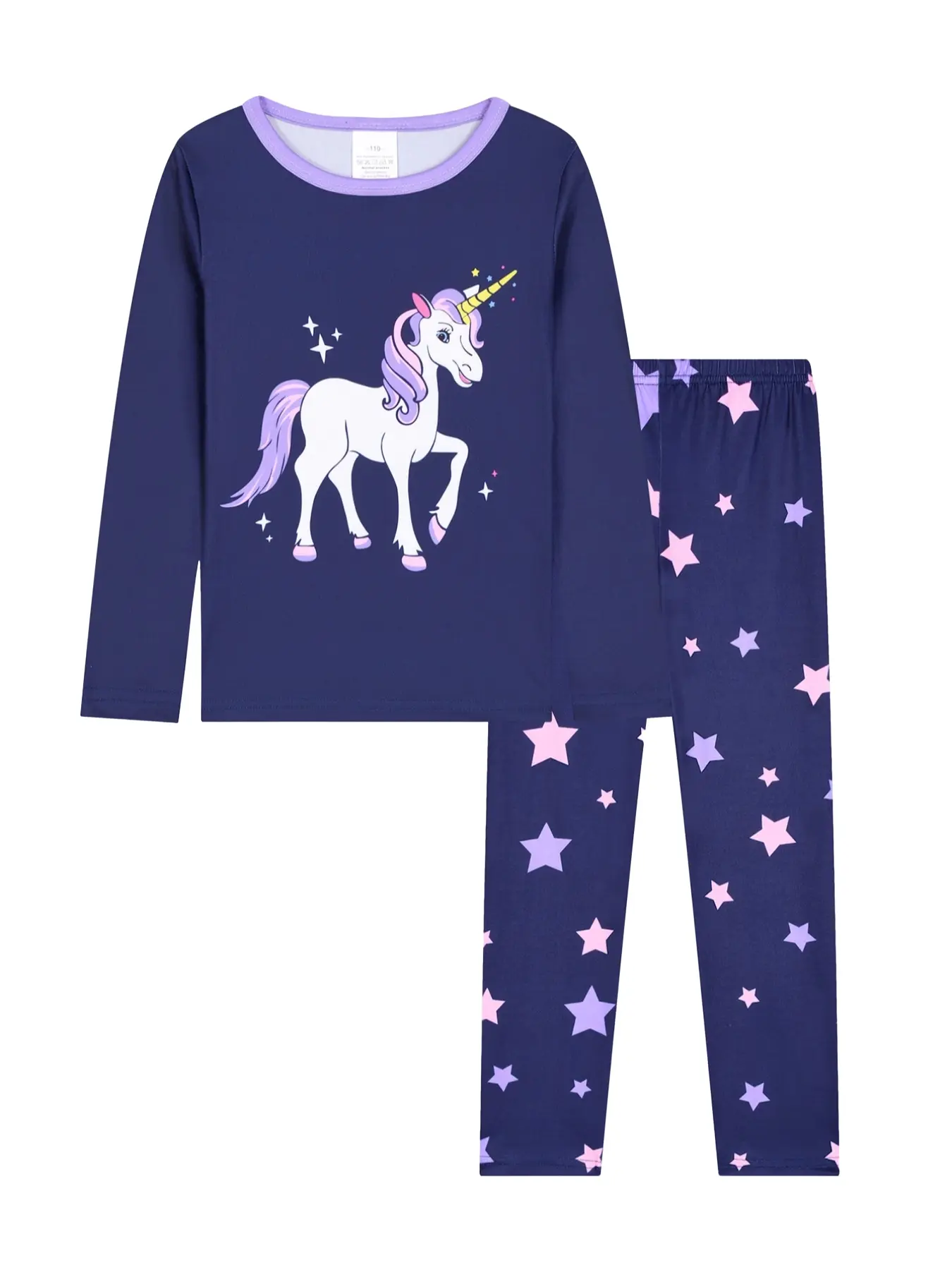 Girls' Round Neck Long Pajamas Set, Unicorn Pattern Star Cartoon Print, Fashion Casual Home & Outdoors, Fitted Long Sleeve Sleepwear, Pajama Outfit Pj Sets