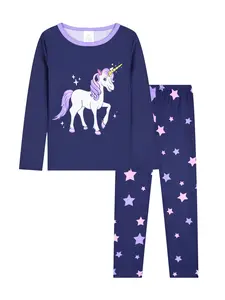 Girls' Round Neck Long Pajamas Set, Unicorn Pattern Star Cartoon Print, Fashion Casual Home & Outdoors, Fitted Long Sleeve Sleepwear
