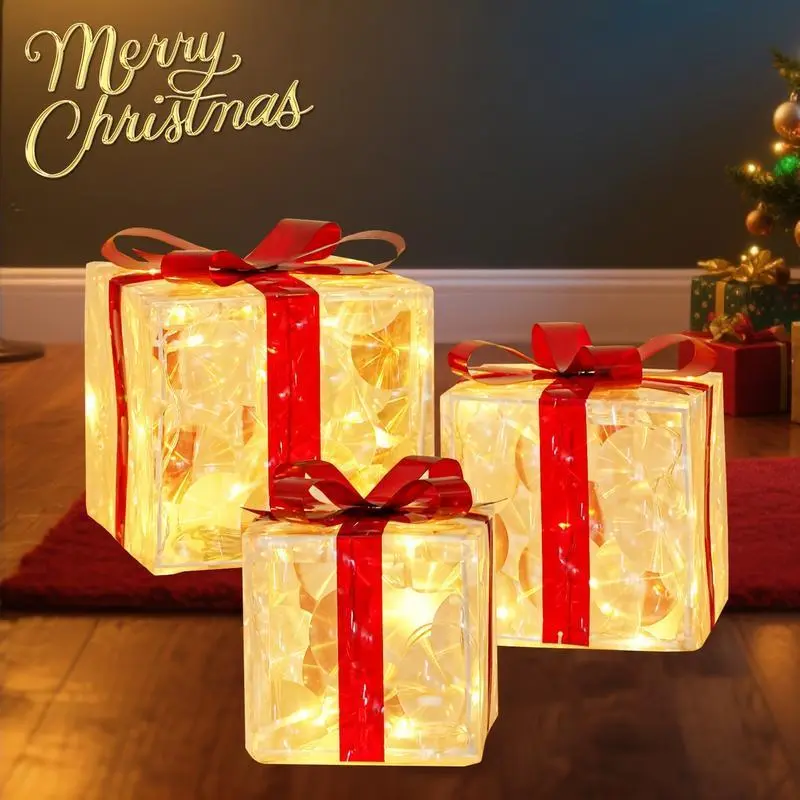 8 Modes 3pc Christmas Light Gift Box with Remote Control Warm Glowing Lights Festive Ribbon Decor DIY Assembly Crafts for Indoor Outdoor Recreation AA Battery Powered Battery Not Included