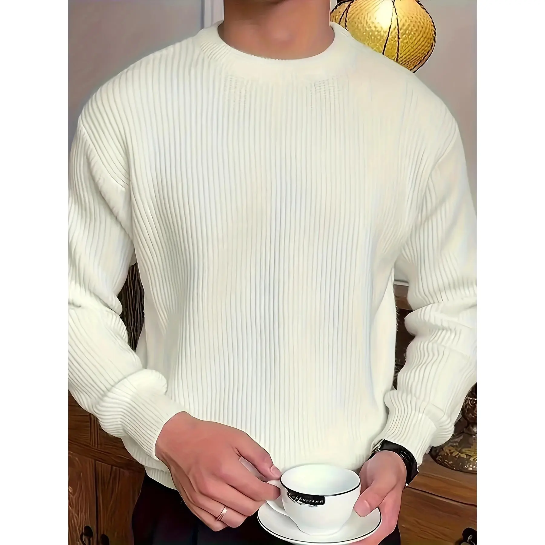 Men's Black Knit Sweater - Long Sleeve, Round Neck, Thick Ribbed, Solid Color Pullover for Fall/Winter, Plus Size