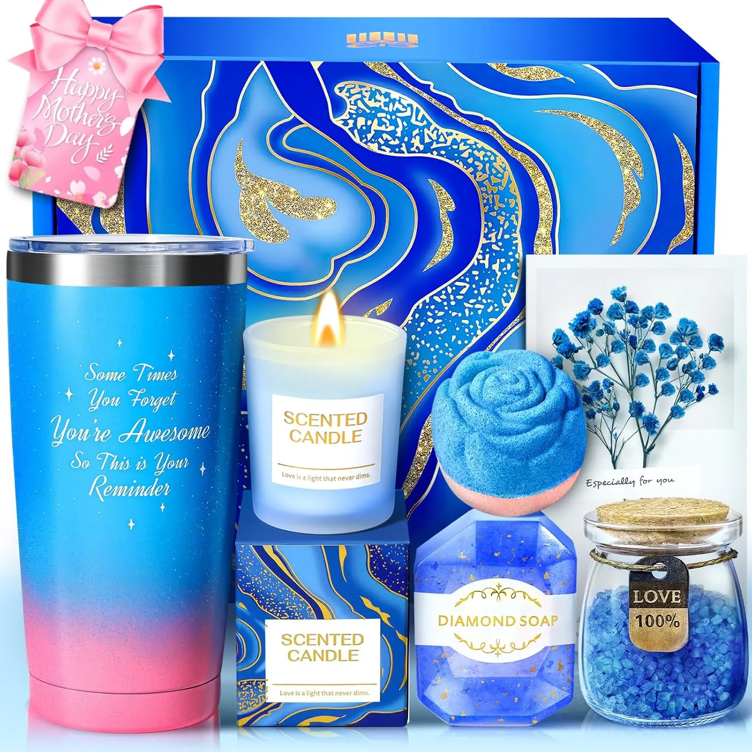 Gifts for Women, Luxury Birthday Gifts for Mom Sister Girlfriend Grandma Bestie Daughter Her, Teacher Appreciation Graduation Gift, Self Care Relaxing Spa Gift Basket Blue