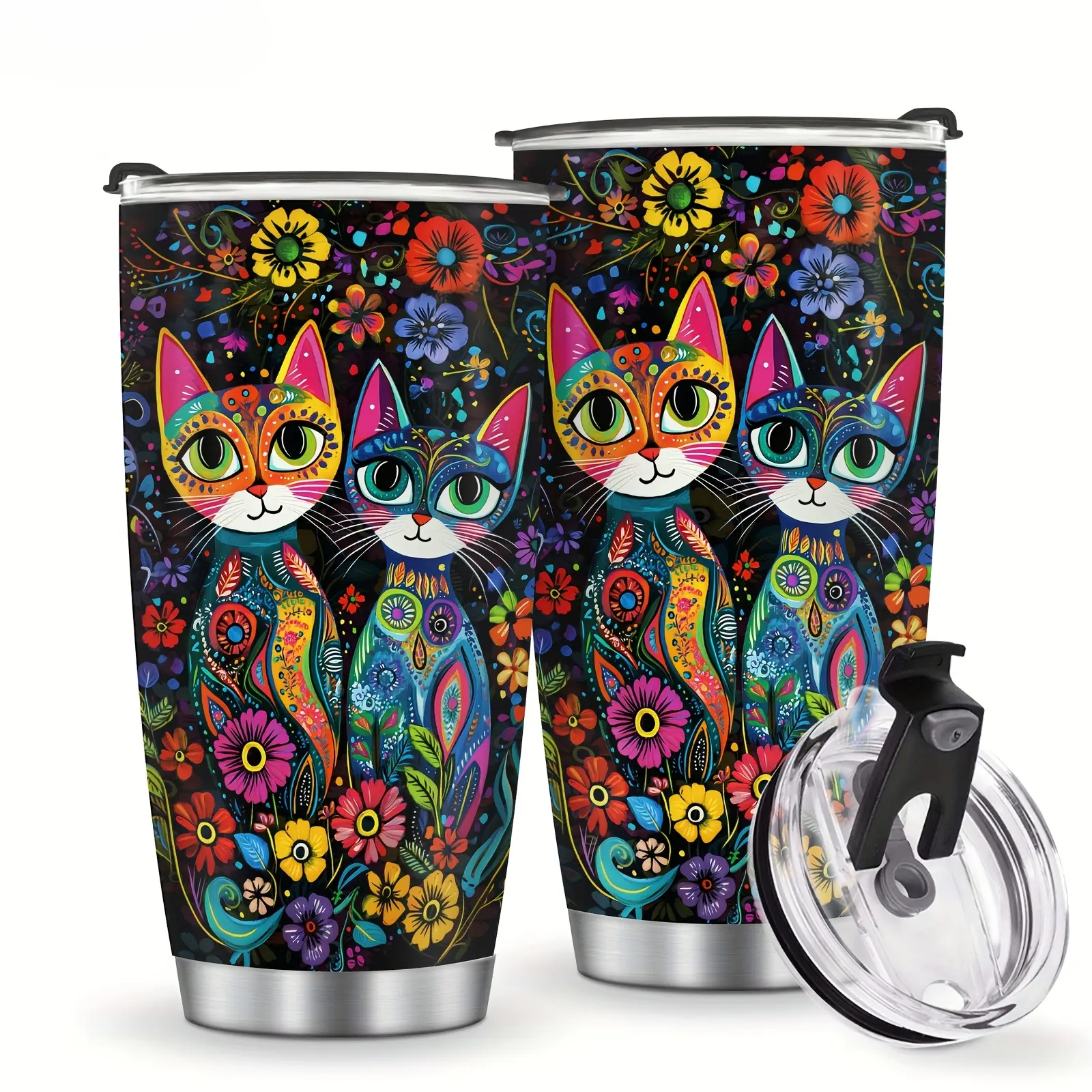 20oz Retro Cat & Flowers Stainless Steel Thermal Tumbler for Cat Lovers - Leak-Proof Lid, Double Wall Insulation, Portable Camping Travel Mug, Double Wall Vac., Flasks, Lake, Water Bottles, Indoor, Pool, Casual, Coffee, Unisex, 304 Steel Safe, Fits Cup Ho