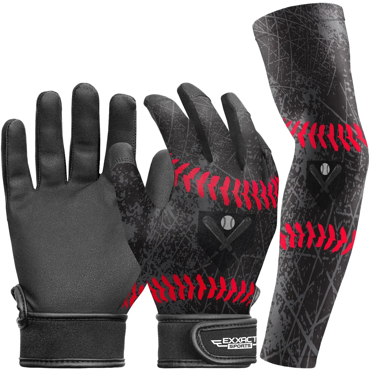 Exxact Sports Youth Batting Gloves with Arm Sleeve, Softball Training Equipment for Kids Baseball, T-Ball (Black)