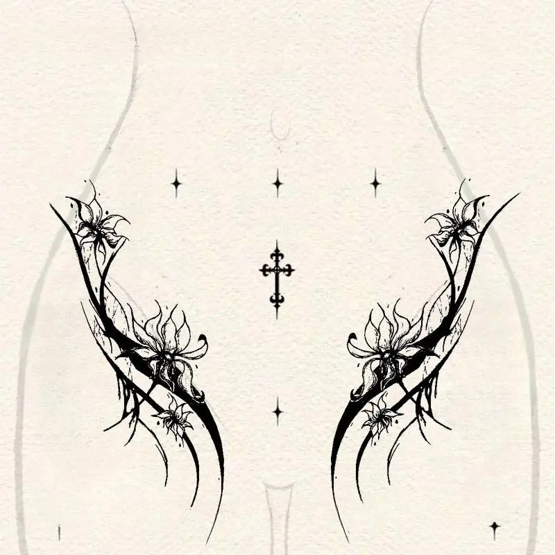 1pcs Dark Floral Pattern Flower Ink Thorn Herbal Juice Tattoo Sticker Gothic Style Sexy Hot Girl Temporary Tattoo Abdominal Waterproof Durable Fake Tattoo temporary fake tattoos Men and Women Halloween Festive Party Gift Y2K