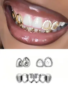 3Pcs Grillz Women's Teeth Jewelry Set, Aesthetic Hollow Heart Design Copper Material Plated Zirconia Craftsmanship, Ideal for Festivals Parties Role-Playing