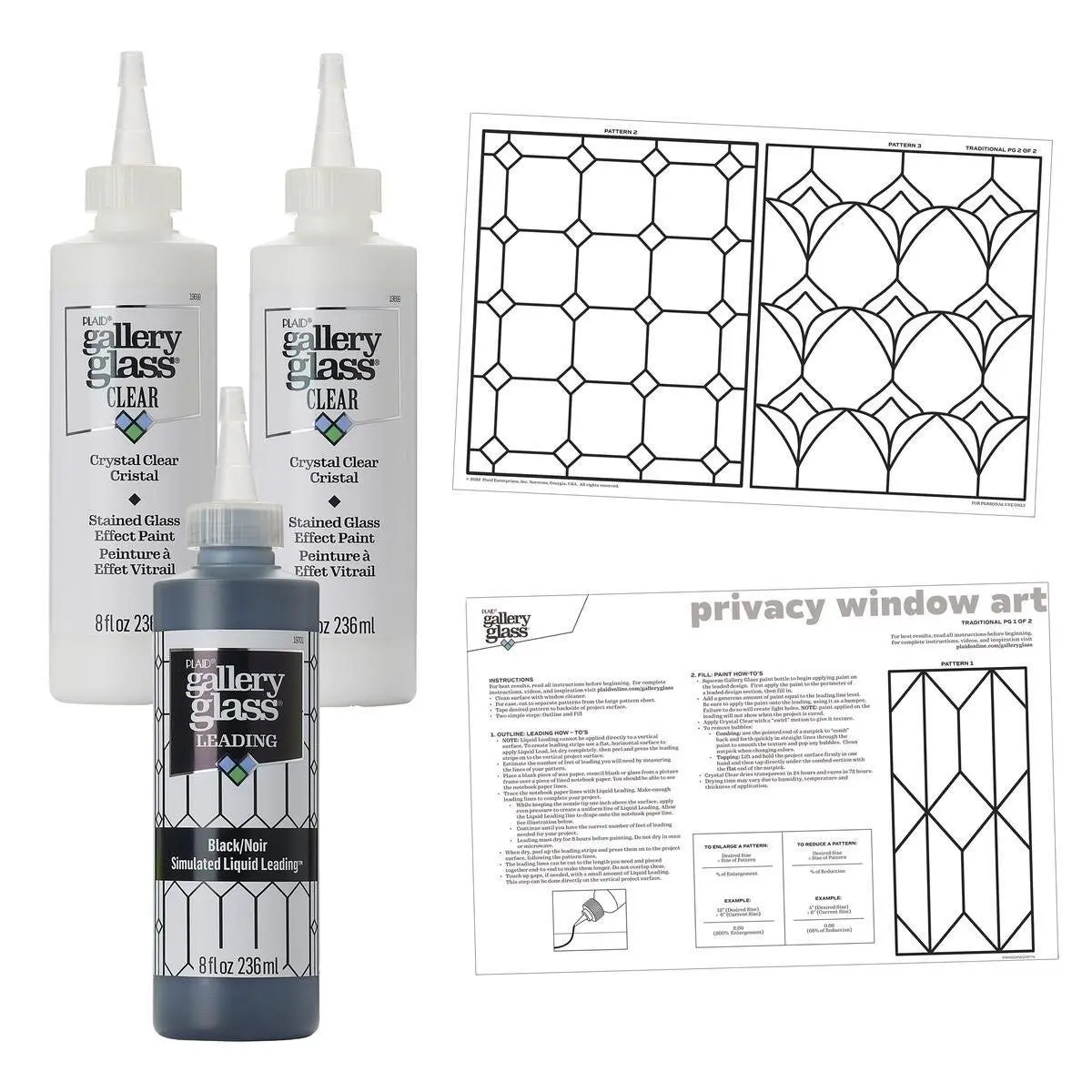 Gallery Glass Privacy Window Kit - 4 pc DIY Glass Art Supplies, Includes Liquid Leading, Permanent & Removable Paint, Peel & Stick Privacy Look Pattern Sheet - PROMOGGPW22