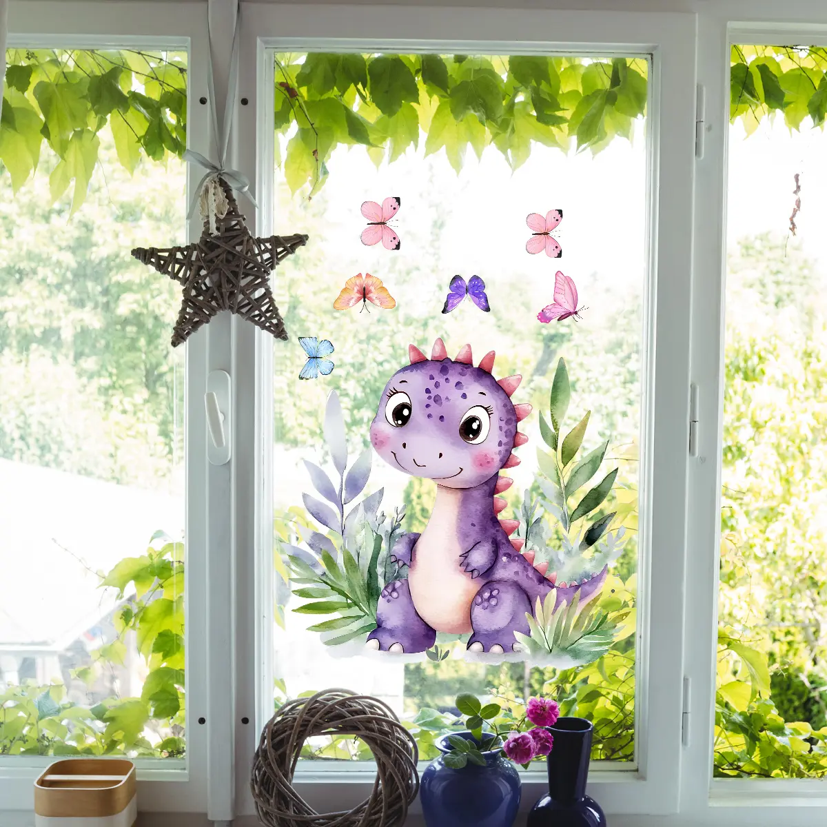 1 Pc 30×30cm 2D Flat Dinosaur & Butterfly Window Sticker Static Cling Glass Sticker for Living Room Bedroom Home Showcase Decor