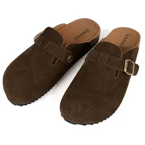 Womens Mens Adjustable Buckle Potato Shoes Suede Clogs with Cork Footbed & Arch Support Faux Fur Comfort Sandals Black