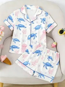 Kids Summer Pajama Set, Flame-Retardant Knit Fabric, Cartoon Sea Turtle Jellyfish Print, Loose-Fitting Short Sleeve, All Seasons, Cartoon Print Sleepwear