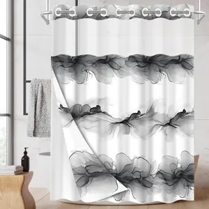 1PC/4PCS 2D Flat Printing Black and White Ink Flower Pattern Patterned Printed Shower Curtain, home bathroom decor, shower curtain set with 12 hooks, non-slip bathroom rug, U-shaped toilet seat cover, toilet seat mat, Bathroom Decoration Accessories