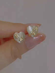 French Vintage Copper Micro Inlay Synthetic Zircon Tulip Heart Earrings, Elegant Copper Color, Eternal Retro Gift, Wedding Anniversary