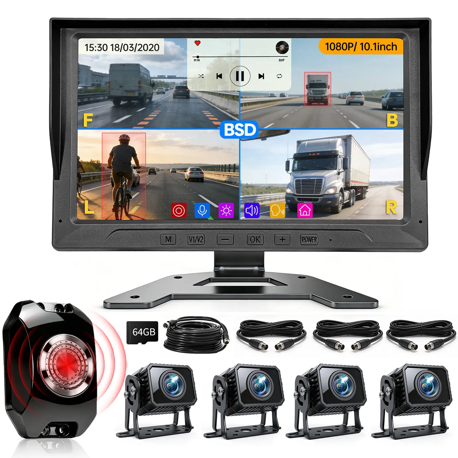 ConewVehicle Wired Backup Camera System with 10.1" Touch Monitor, 4 1080P HD Rear Cameras, 4-Split Screen DVR Recording, IP69 Rainproof, MP5 Player, BSD Blind Spot Avoidance, 24/7 Security, Touch Guide Lines, Backup Safety for RV Trucks, Travel, Camper