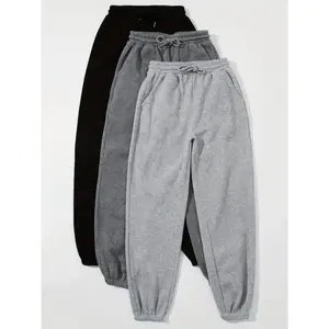 3pcs Women's Fashionable Solid Color Jogger Sweatpants - Casual Street Style, Polyester, Machine Washable, with Drawstring Waist & Elastic Cuffs - Black, Gray, White