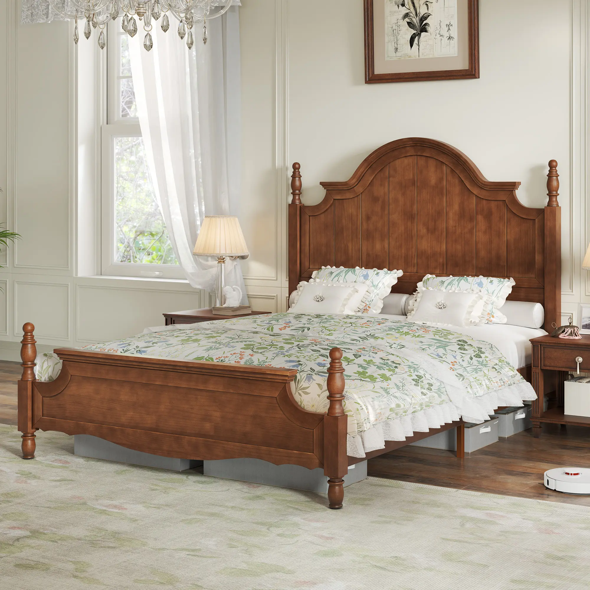 [SummerSale]AMERLIFE Solid Wood Bed Frame with 56" Arched Headboard, Traditional Poster Bed with Wooden Slats Support, No Box Spring Needed, Easy Assembly, Slatted Bed Base, Sturdy Platform Bed