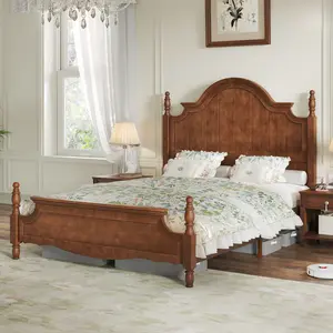 [Memorialday]AMERLIFE Solid Wood Bed Frame with 56" Arched Headboard, Traditional Poster Bed with Wooden Slats Support, No Box Spring Needed, Easy Assembly, Slatted Bed Base, Sturdy Platform Bed