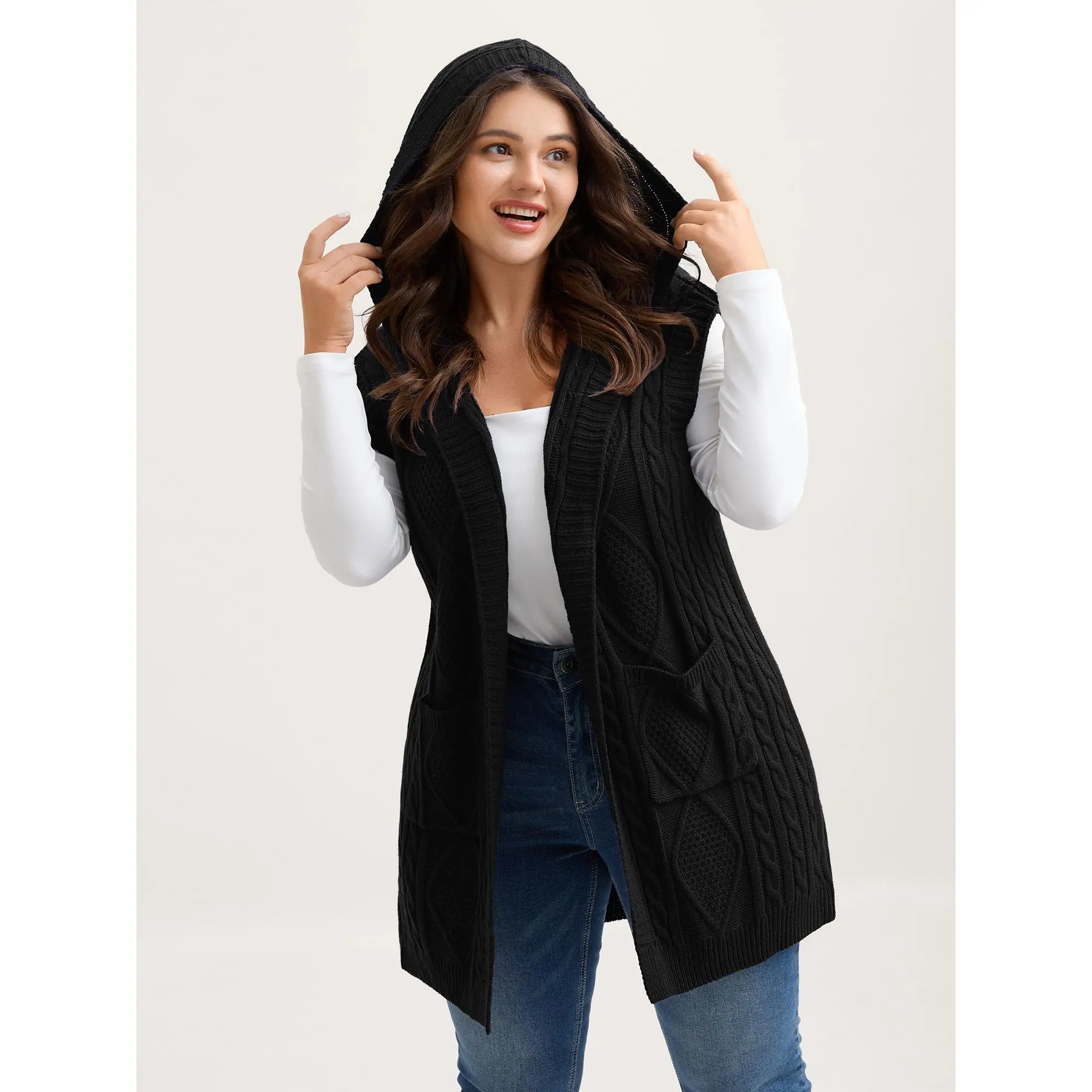 BloomChic Plus Size Sleeveless Hooded Cardigan, Solid Cable Knitting Tunic Garment, Casual Open Front Vest for Women,back to school,back to school shopping, Pocket,clothes for back to school,first day of school outfits