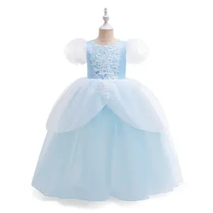 3-8Y Light Blue 082 Cartoon Cosplay Costume Fancy Carnival Kids Clothes Performance Princess Theme Party Holiday Girls Puff Sleeve Lace Patchwork Embroidered Ball Gown Children Cocktail Dress