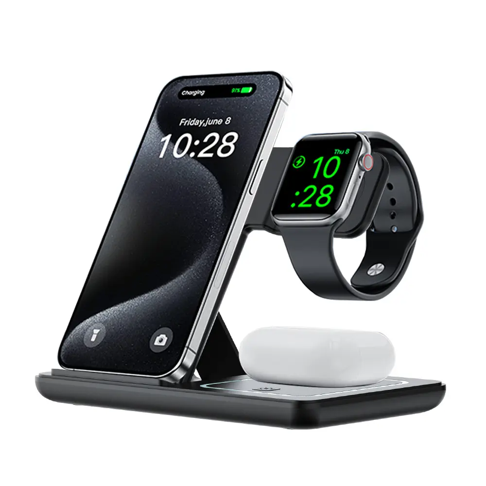 Portable 3-in-1 Wireless Charger Foldable Charging Station for iPhone 17 16 15 14 Pro Max 13 12 11 iWatch 9 8 7 6 5 4 3 2 SE AirPods 3 2 Pro Multiple Devices Compatible with Android Phones and Smartwatch