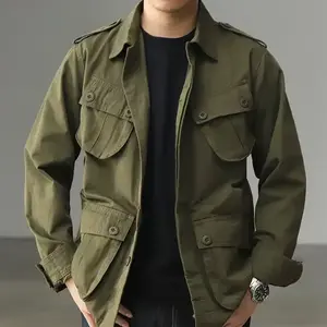 Multi Pocket Cargo Jacket Mens Spring Autumn American Vintage Tactical Coats Lapel Collar Casual Fashion Outwear Army Green
