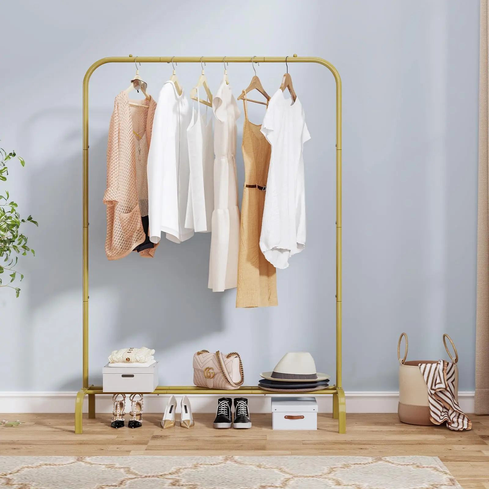 SORCEDAS Durable Metal Garment Hanger Stand, Home Organizer with Laundry & Accessory Storage, for Clothes Drying, Hanging and Bedroom Use