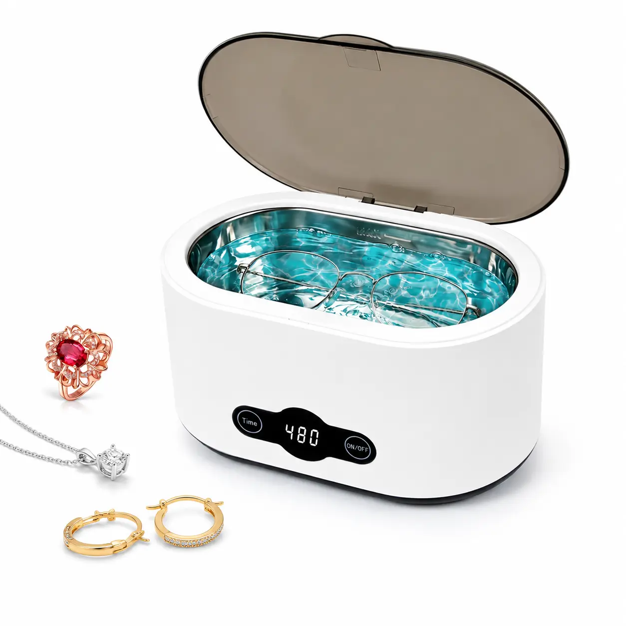 45kHz Ultrasonic Cleaner Machine, 304 Stainless Steel Jewelry Cleaner with Deep Cleaning Technology for Rings, Glasses, Watches, Dentures, Retainers & Makeup Brushes